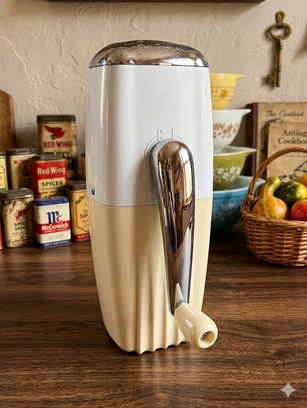 Vintage Rival Ice-O-Mat Hand Crank Ice Crusher White Chrome 1950s Wall Mount